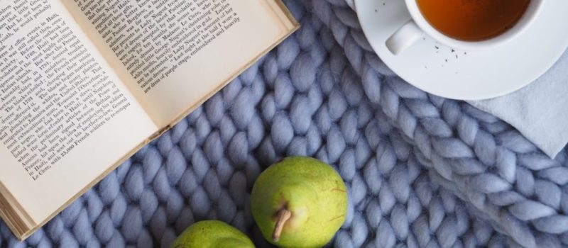 3 green pears and a book and a cup of tea