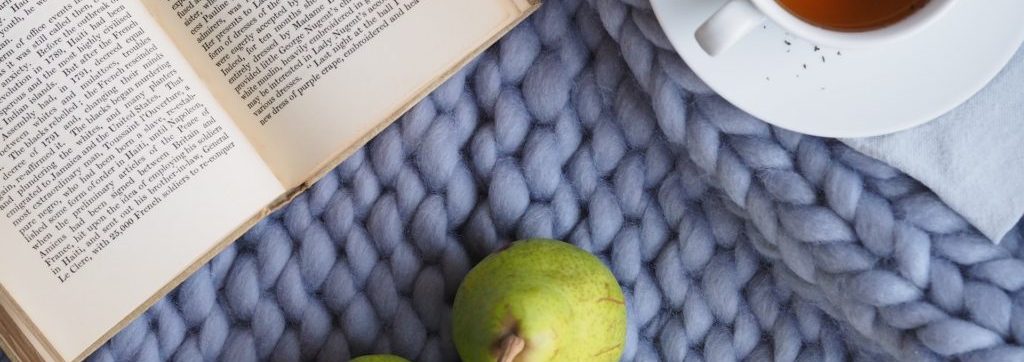 3 green pears and a book and a cup of tea