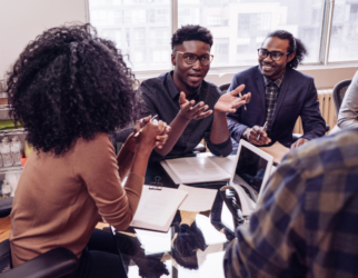 people talking around a table
